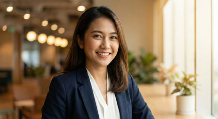 Portrait of a Confident and Smiling Asian Professional Woman in a Modern Officeの素材