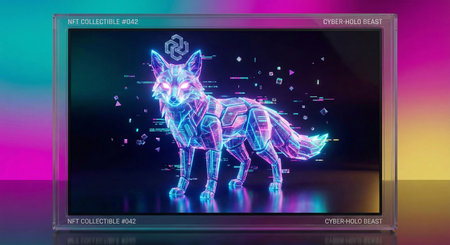 Holographic Cyberpunk Fox NFT Digital Art Collectible in a Glass Caseの素材