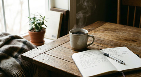 Hot Cup of Coffee and Open Notebook on a Wooden Table by the Windowの素材