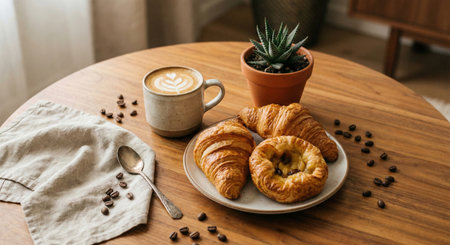 Aesthetic Breakfast with Latte Art, Croissant, and Danish Pastry on Wooden Tableの素材