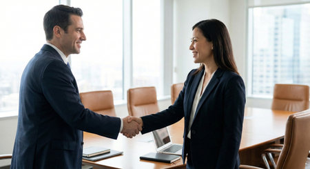Businessman and Businesswoman Shaking Hands in a Business Meeting at a Conference Roomの素材