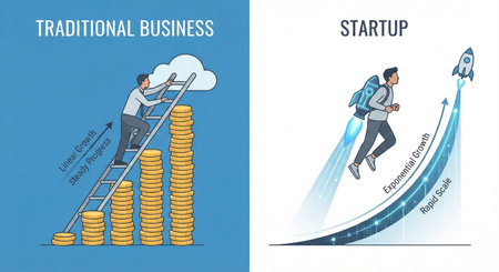 Illustration Comparing Traditional Business Growth vs Startup Exponential Growth with Rocketの素材
