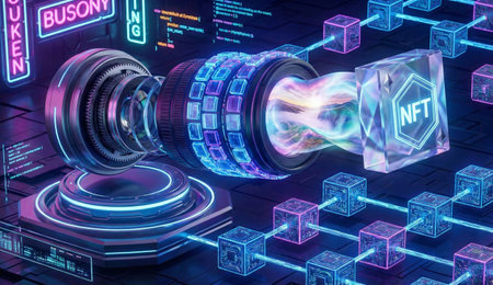 Digital Camera Lens Transforming Landscape Photo into NFT Block on Blockchainの素材