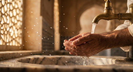 Close-up of Man Performing Wudhu Ablution with Running Water from Brass Tapの素材