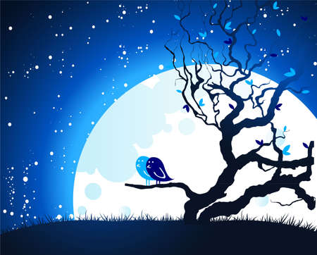 Birds on moon lightのイラスト素材