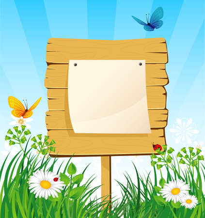 Vector illustration of wooden banner in the grassのイラスト素材