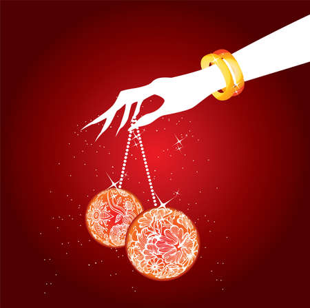Women s hand with christmas ballsのイラスト素材