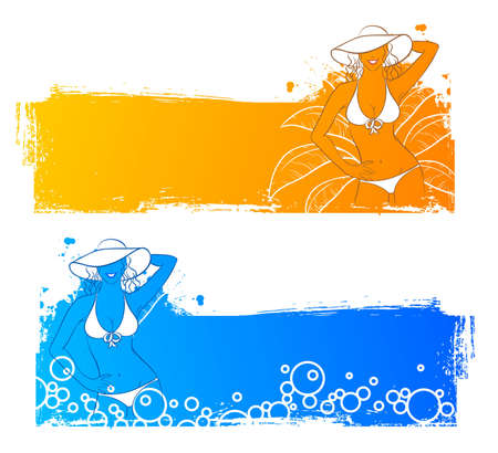Vector illustration of Grunge banners with woman's silhouetteのイラスト素材