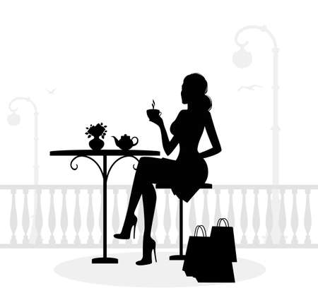 Silhouette of beautiful woman in cafeのイラスト素材