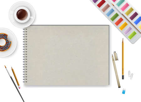 Vector illustration of Art workspace with notebook and coffeeのイラスト素材
