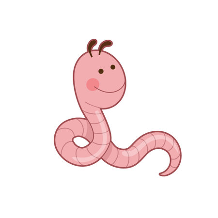Vector illustration of cute pink smiling worm on white background