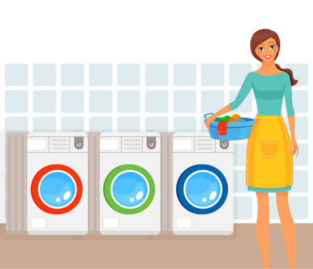 Woman in process of loading clothes into washing machineのイラスト素材