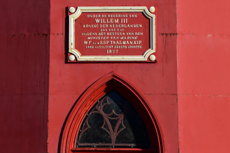 Huisduinen, Netherlands. April 2016. Plaque on lighthouse Lange Jaap in Huisduinen, Netherlands. High quality photoのeditorial素材