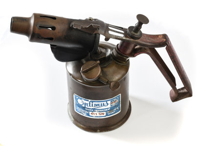 September 2021. Antique petroleum burner on white background. High quality photo. Close up. Isolated.のeditorial素材