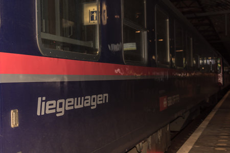 Amsterdam, Netherlands, March 2022. International trains with a sleeping car on the platform of Amsterdam Central Station. High quality photoのeditorial素材