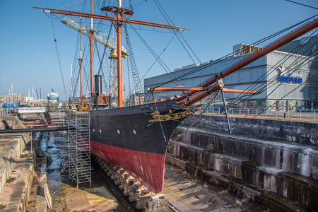 Den Helder, Netherlands, March 2022. The historic naval ship Bonaire in dry dock at former Willemsoord shipyard, Den Helder. High quality photoのeditorial素材