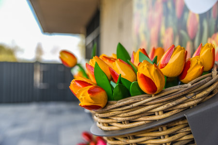 Lisse, Netherlands, April 2022. Clogs and wooden tulips, souvenirs of Holland. High quality photoの写真素材