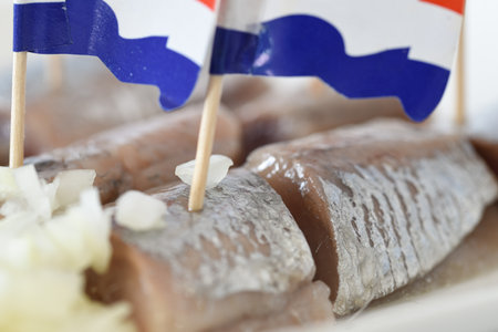 Den Helder, Netherlands. June 2022. Close up of raw herring with dutch flag and onions. High quality photo. Close-up. Selective focus.の写真素材
