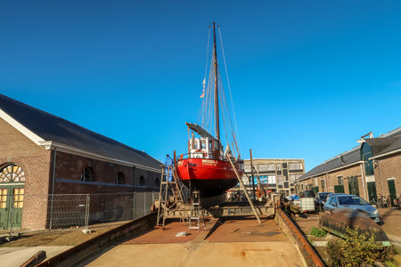 Westerland, Netherlands. October 2022. Cutter on the slipway being repaired. High quality photoのeditorial素材
