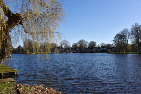 Pants in Waterland, Netherlands. February 2023. View across water at Broek in Waterland. High quality photoの写真素材