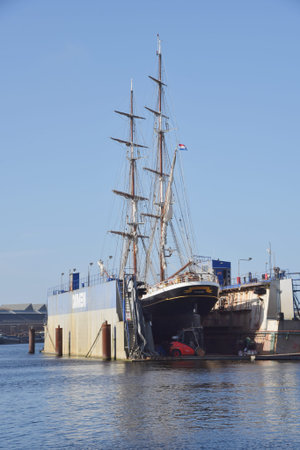 Den Helder, Netherlands. April 2023. Old schooners and tallships in Den Helder harbor. High quality...