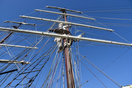Den Helder, Netherlands. April 2023. The rigging of old clippers in the port of Den Helder. High...