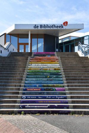 Den Helder, Netherlands. May 8, 2023. The colored staircase to the library in Den Helder. High quality photoのeditorial素材