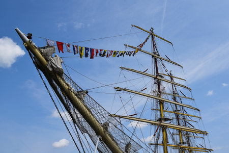 Den Helder, Netherlands. June 30, 2023. The bowsprit and rigging of a Polish tall ship in the port of Den Helder. High quality photoのeditorial素材
