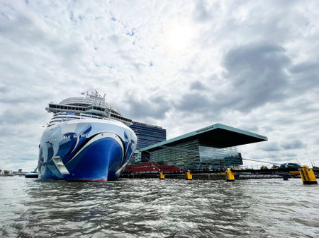 Amsterdam, Netherlands. August 6, 2023. A cruise ship at the Passenger Terminal in Amsterdam. High quality photoのeditorial素材