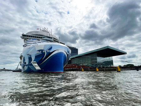 Amsterdam, Netherlands. August 6, 2023. A cruise ship at the Passenger Terminal in Amsterdam. High quality photoのeditorial素材