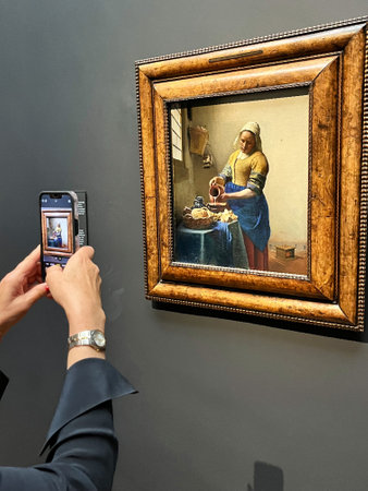 Amsterdam, Netherlands. August 6, 2023. A woman takes a picture of world-famous painting at the Rijksmuseum Amsterdam. High quality photoのeditorial素材