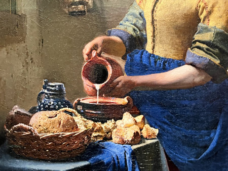 Amsterdam, Netherlands. August 6, 2023. Close up of famous painting of Johannes Vermeer. High quality photoのeditorial素材