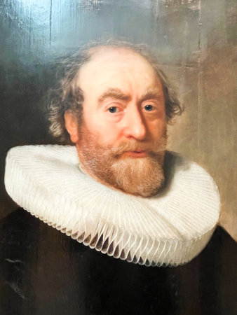 Amsterdam, Netherlands. August 11, 2023. Close up of a famous oil painting of a merchant from the 17th century. High quality photoのeditorial素材