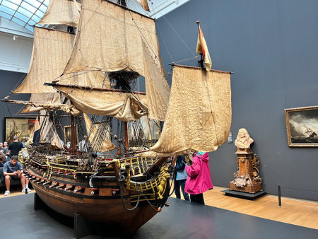 Amsterdam, Netherlands. August 11, 2023. A scale model of a VOC ship at the Rijksmuseum. High quality photoのeditorial素材