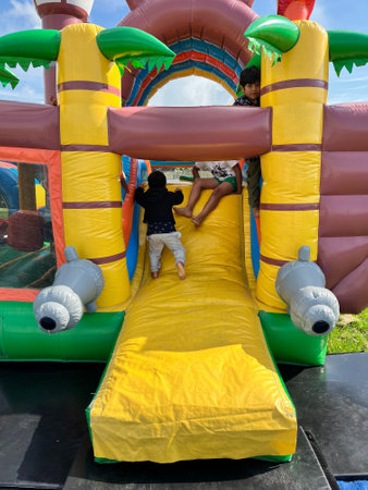 Avenhorn, Netherlands. August 22, 2023. An inflated bouncy castle for children. High quality photoのeditorial素材