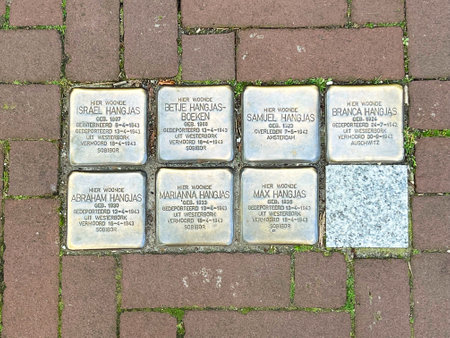 Amsterdam, Netherlands. August 26, 2023. Stumbling stones, a memorial for the deported Jewish people in WW2. High quality photoのeditorial素材
