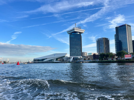 Amsterdam, Netherlands. August 26, 2023. The river Amstel and the Eye museum in Amsterdam. High quality photoのeditorial素材