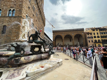 Florence, Italy. September 17, 2023. Close up of the fountain of neptune in Florence. High quality photoのeditorial素材