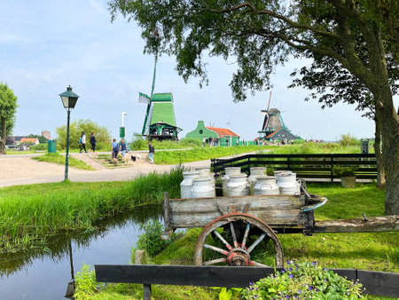 Zaanse Schans, the netherlands. july 16, 2024. Traditional hHolland with windmills and cheese at the Zaanse Schans. High quality photoのeditorial素材