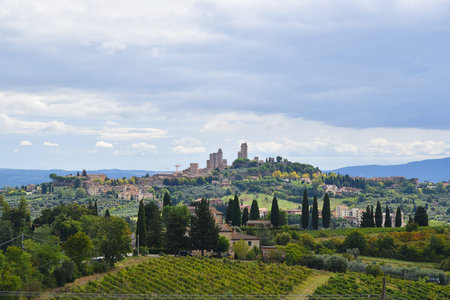 San Gimignano, Italy. September 18, 2023. The picturesque landscape and the village of San Gimignano in Tuscany, Italy. High quality photoの写真素材