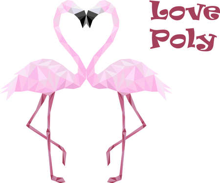 Couple of pink low poly flamingos in love kissingのイラスト素材