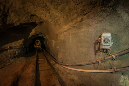 Dark Mine tunnel with rails and telephone