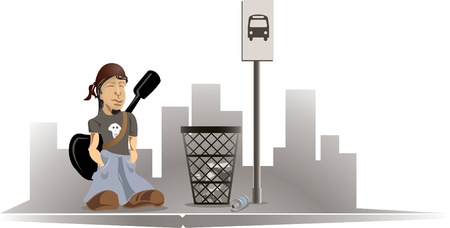A young musician waiting for the bus のイラスト素材
