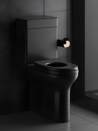 Black toilet in modern bathroom with black tiles. 3d rendering Obsidian Elegance A Black Aesthetic Toilet Design Unveiled with Captivating Depth of Field Focusの素材