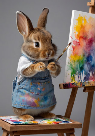 Rabbit artist with easel and palette, isolated on gray background Adorable Artist in the Making A Baby Rabbit in Painter's Attire, Eagerly Creating on Canvasの素材
