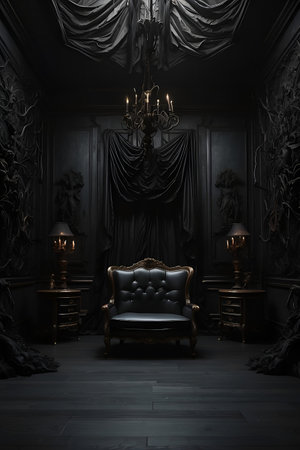 Luxury interior of the living room. 3D render The Malevolent Abyss Exploring the Depths of the Evil Black Roomの素材