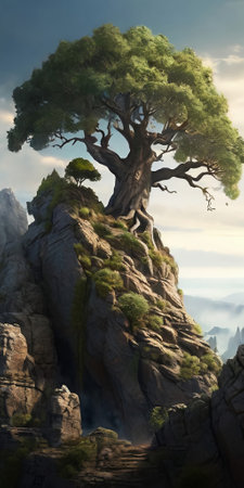 Beautiful pine tree on the top of a rock in the mountains The Sentinel of Stone An Ancient Tree's Dominion in a Fantasy Realmの素材
