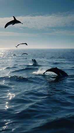 Dolphins jumping out of the water in the sea. Toned. Oceanic Symphony Summoning Serenity and Majesty Beneath Waves and Skiesの素材