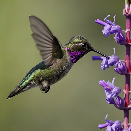 Hummingbird (archilochus colubris) in flight with purple flowers in the background Graceful Flight Hummingbird and the Purple Bloomの素材