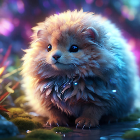 Cute fluffy pomeranian dog in the garden at night. Enchanted Wilderness Capturing the Bedazzling Beauty of Cute Fluffy Creatures with Rule of Thirdsの素材